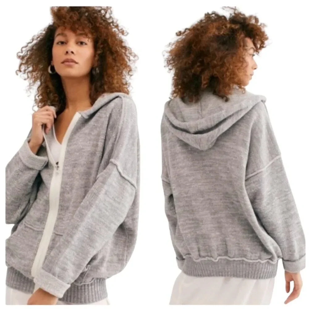 Free People Sz M In Bloom Knit Hoodie Sweater Gray White Oversized Full Zip Boho